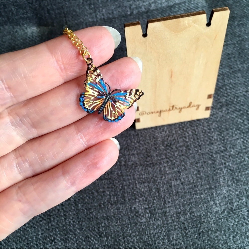 Colorful Filigree Butterfly Pendant Fashion Necklace, Blue, Yellow, 18 inches - Picture 10 of 17